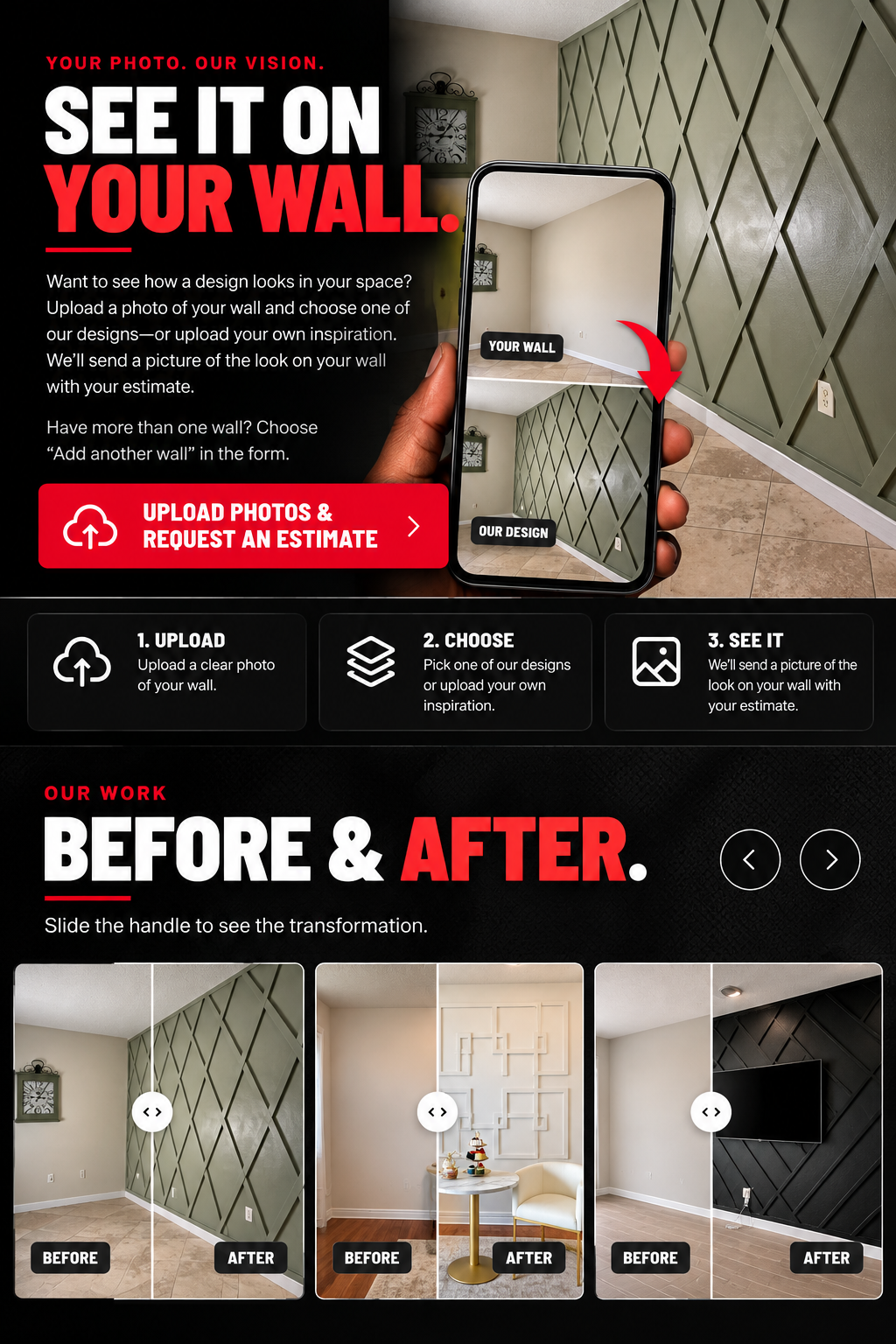 Your photo, our vision. A wall photo becomes a geometric accent wall, with example wall transformations.